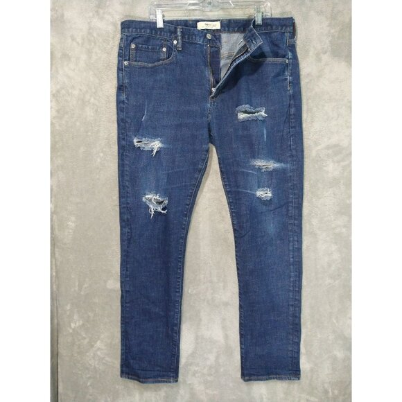 Gap 1969 Jeans Mens 38x32 Blue Denim Slim Fit Dark Wash Stretch Distressed - Picture 1 of 10